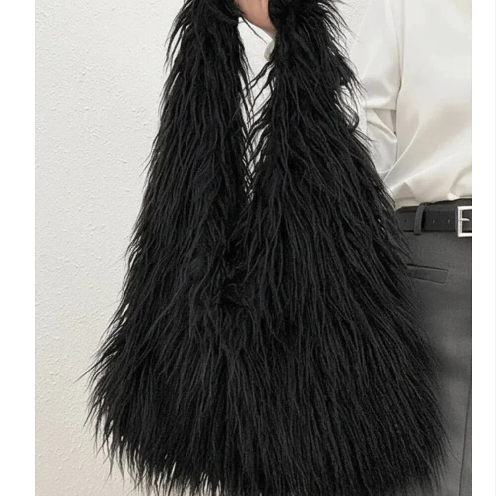 NWT BLACK Ari Faux Fur Hobo Bag – Soft Plush Shoulder Purse with Gold Hardware